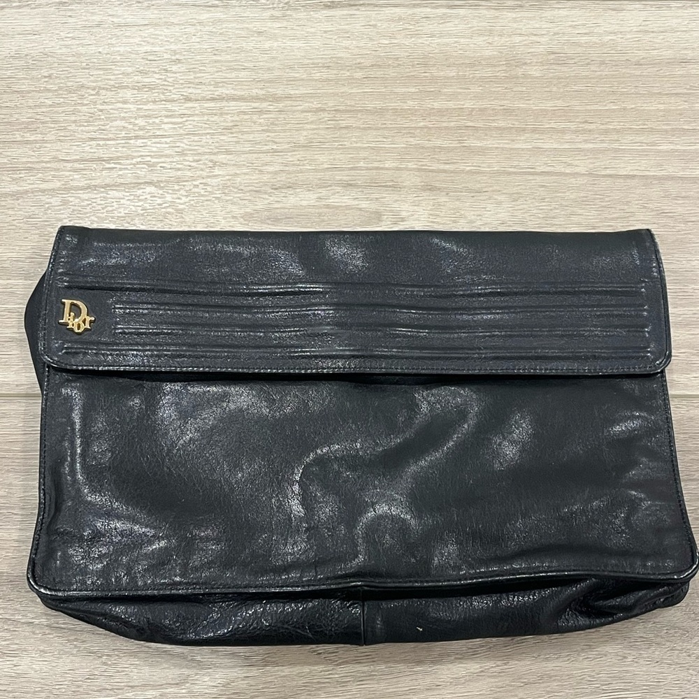 Vintage Christian Dior Black Leather Clutch Purse Evening Bag Handbag